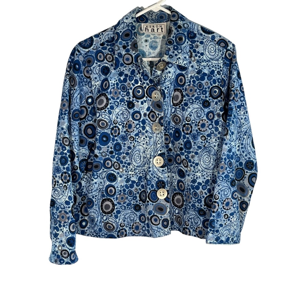 Keren Hart Women's Circle Print Blue‎ Jacket Blazer Size M Long Sleeve